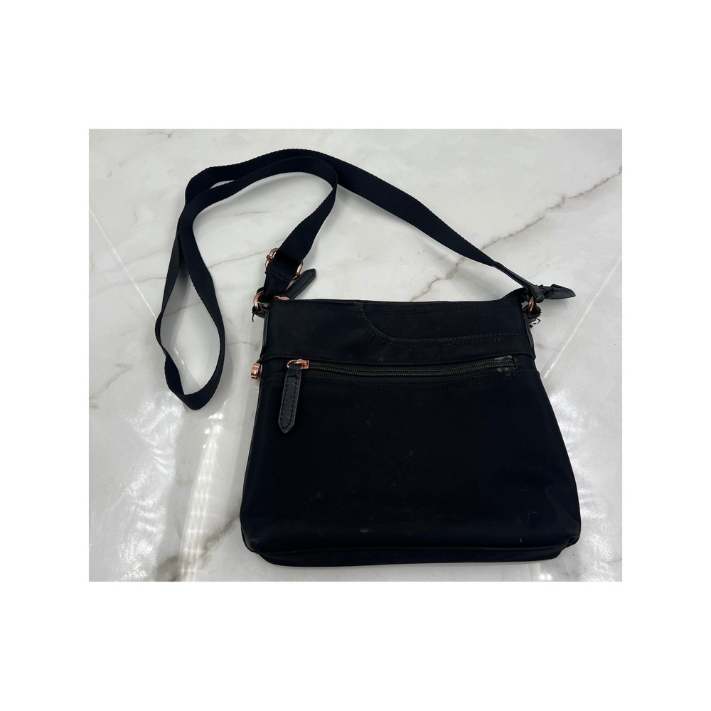 Radley London Black Nylon Crossbody Bag Rose Gold Hardware Slim Messenger